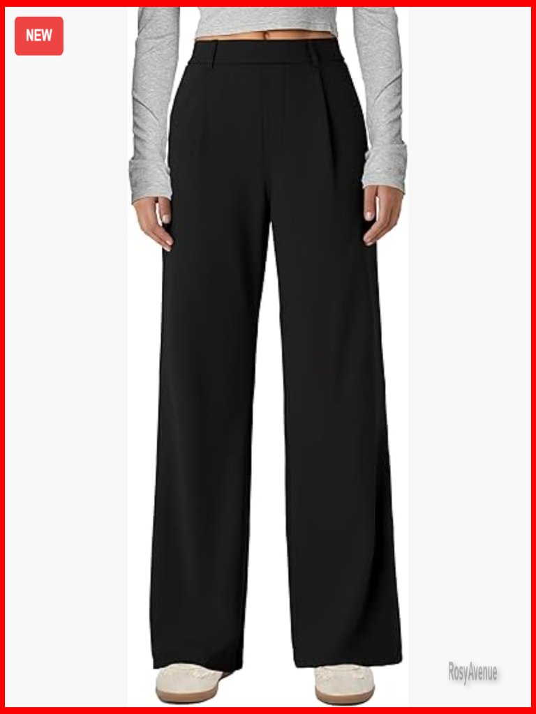 Stretchy Wide Leg Pull-On Pants High Waisted Work Casual Trousers With Pockets
